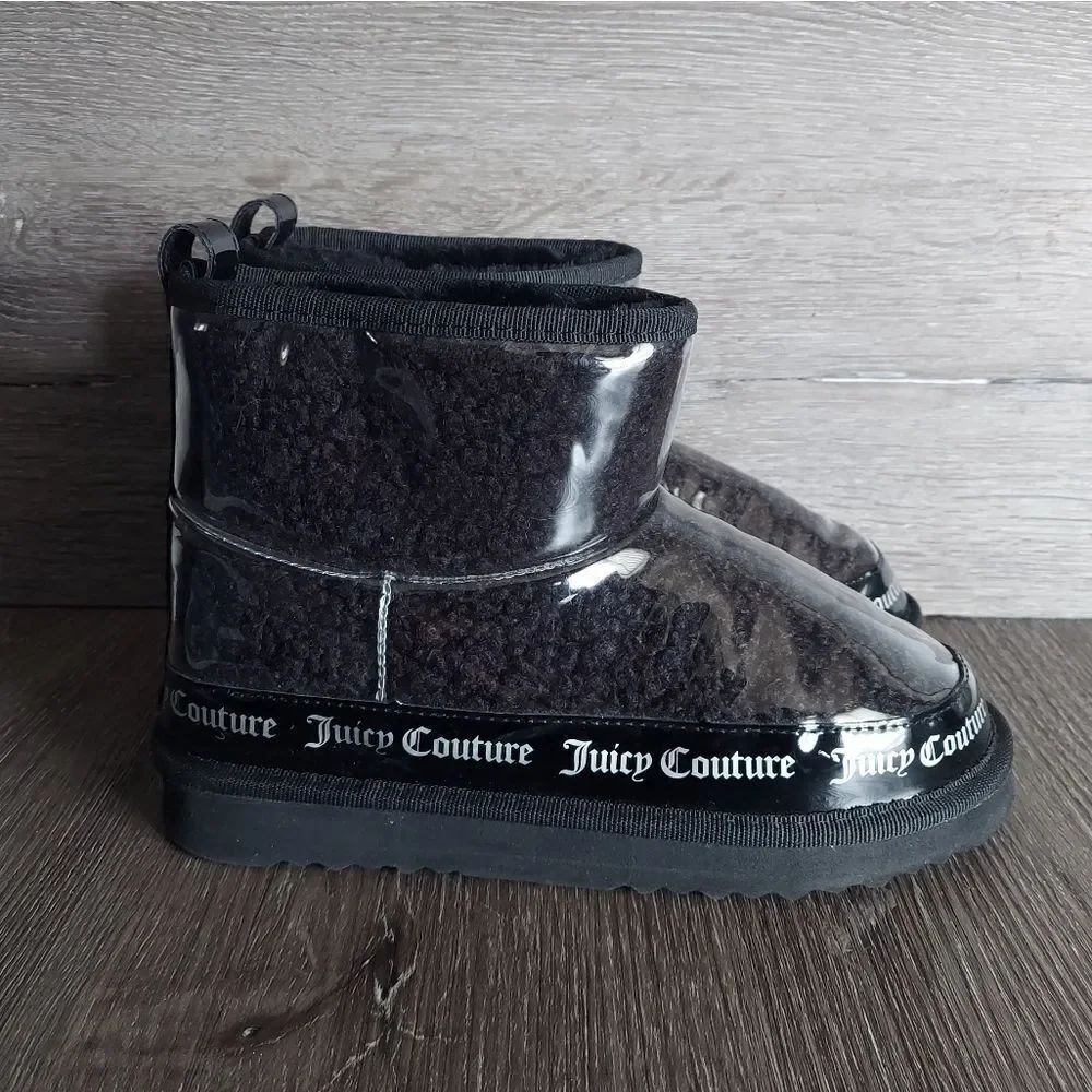 Juicy Couture Klash Spell Out Logo Boots Black Clear Size 8 Short Booties Sherpa